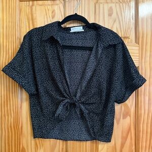 Urban Outfitters Black and White Notched Collar Tie Front Crop Blouse
